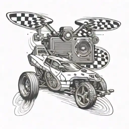 Design A Tattoo Featuring A Radio-controlled Car Racing Against A Guitar On A Drag Strip