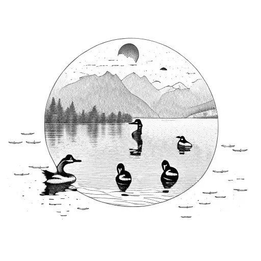 A Peaceful Lakeside Landscape With A Family Of Ducks Swimming In The Water