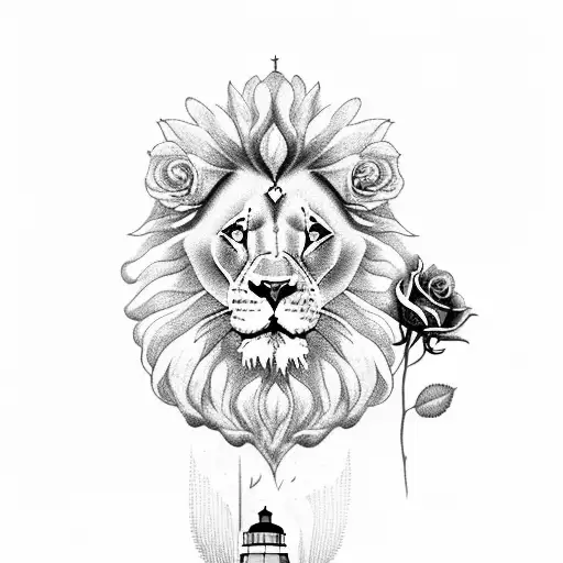 Lion With Roses And A Lighthouse