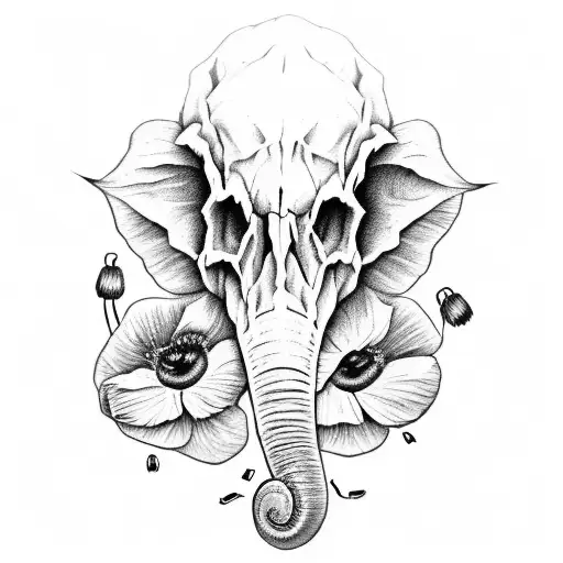 Elephant Skull With Red Poppies