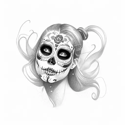 Woman's Face With Sugar Skull On Her Face Long Hair
