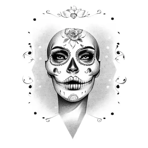 Woman's Face With Sugar Skull On Her Face With Finger Over Lips