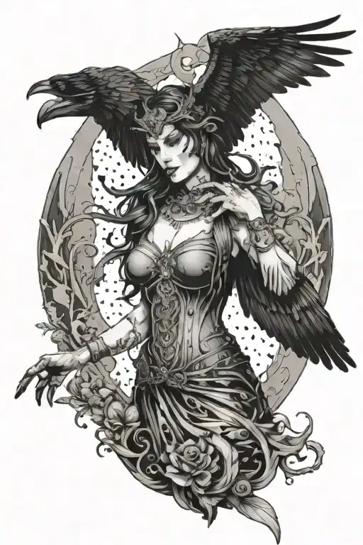Morrigan Goddess With Raven Flying