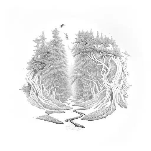 An Intricate Dotwork Design Depicting A Winding Forest Trail Leading To A Hidden Lake