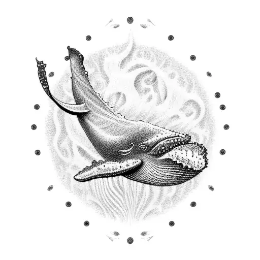 A Beautiful Dotwork Tattoo Of A Humpback Whale Swimming Among Seagulls And Music Symbols