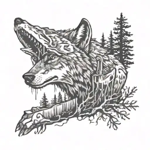 A Wolf And A Forest In Front Of Him A Stump In The Middle And A Chainsaw On It