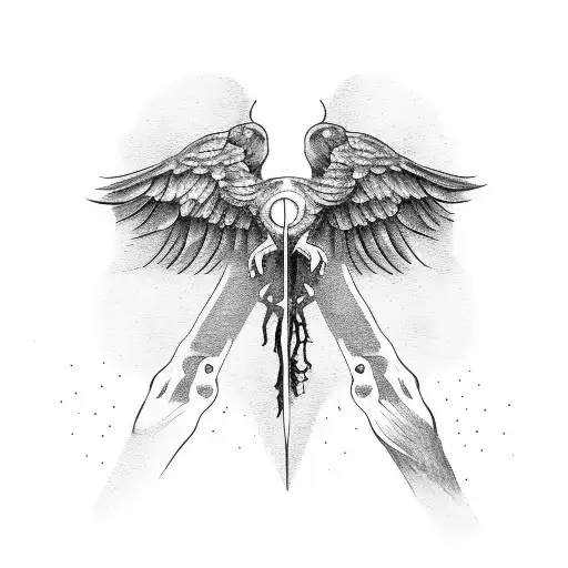 Skeleton Hand Holding A Dagger With A Raven Sitting On Top Of It