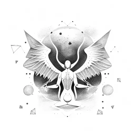 Minimalist Black Work Tattoo Full Body Woman With Bat Wings And Horns