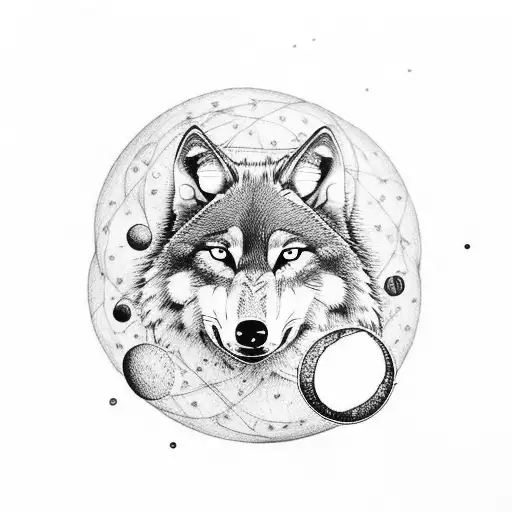 Wolf With Moon In Trash Polka Style With The Colour Royal Blue