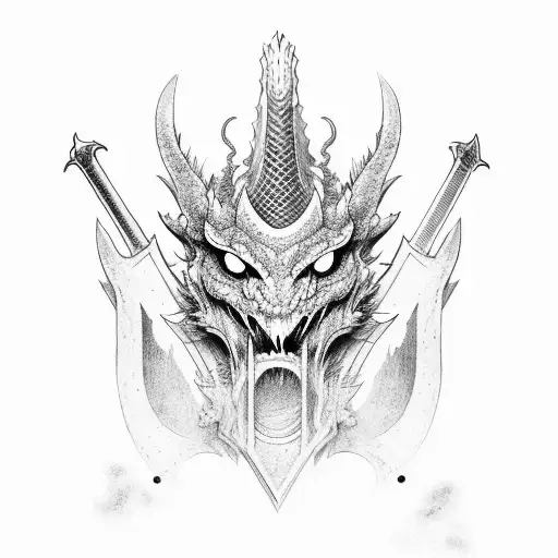 Dragon Next To A Sword And A Helmet