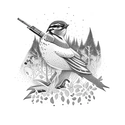Dotwork Design Of A Bird Hunter With A Shotgun In A Forest Setting