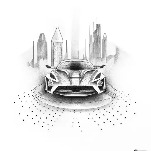 A Dotwork Tattoo Of A Sleek Sports Car Merging With A Futuristic Cityscape