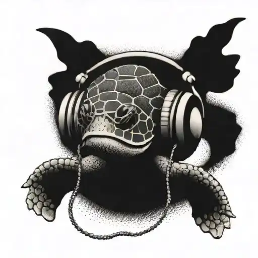 A Dotwork Tattoo Of A Turtle Listening To Music On Headphones While Watching The Sunset On The Beach