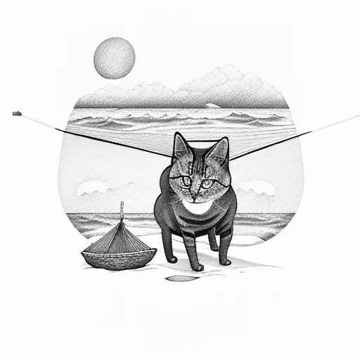 A Peaceful Beach Scene With A Hammock And A Sleeping Cat