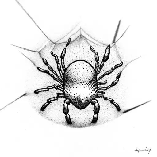 A Spider Hanging From A Mushroom In A Dotwork Style