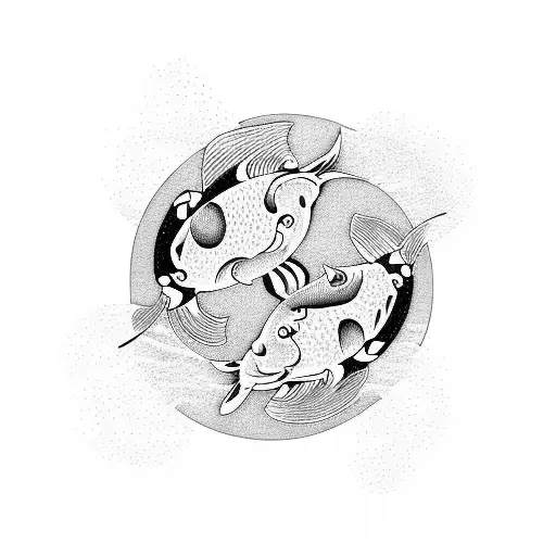 Two Koi Fish Swimming In A Circle With Waves And Flowers Coming Out Of Them