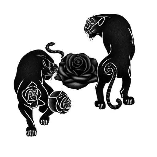Two Black Panthers With A Rose In The Middle