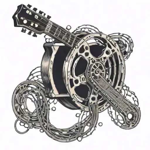 An Intricate Design Of A Film Reel Intertwined With Guitar Strings
