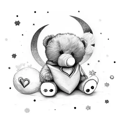 Fine Line Black And White Teddy Bear With Heart Nose And Stars And Moon