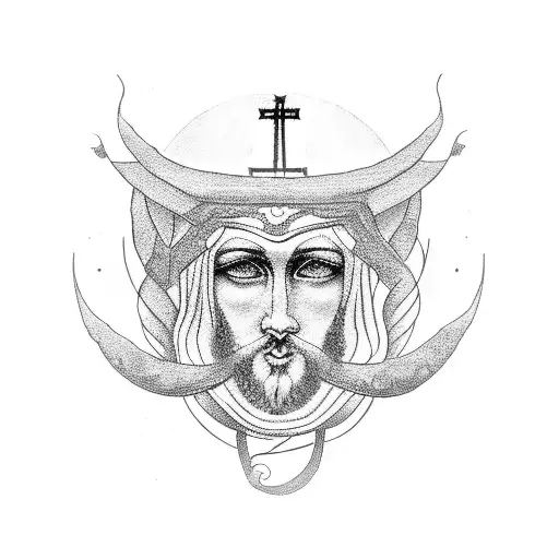 A Dotwork Tattoo Of A Religious Icon Intertwined With Hair Strands