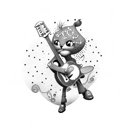 A Dotwork Tattoo Of A Cartoon Character Playing A Guitar
