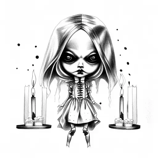 Creepy Doll Sat Inbetween Two Candles