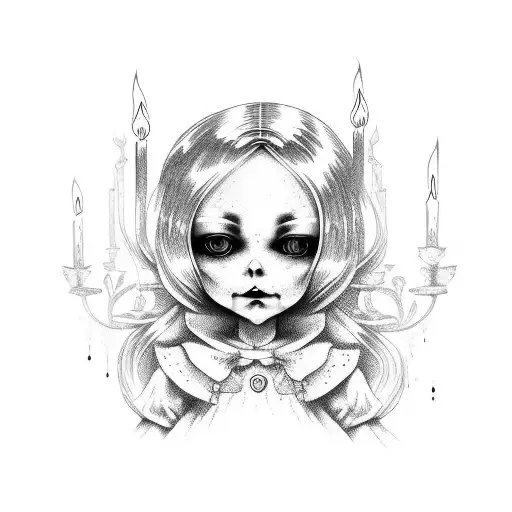 Creepy Doll Sat Inbetween Two Candles