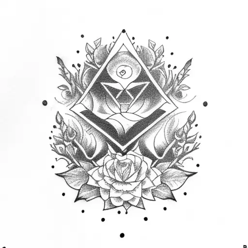 A Dotwork Tattoo Featuring A Tarot Card With A Witch And Flowers As The Main Elements