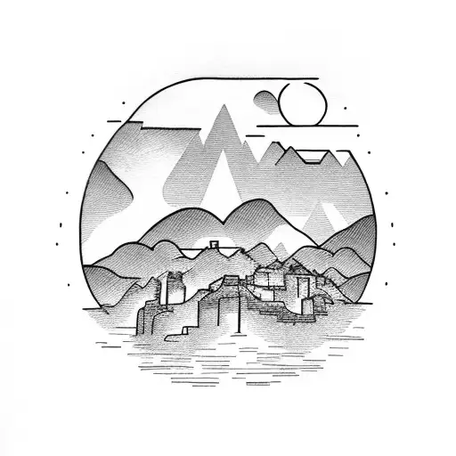 A Pueblo Nestled In The Mountains With A Powerful Sun Rising Behind It