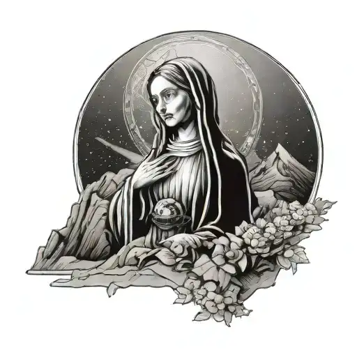 Virgin Mary On Top Of A Mountain With A Halo Around