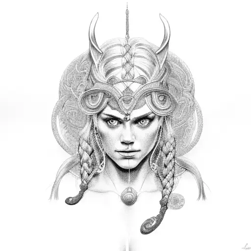 A Dotwork Portrait Of A Norse Goddess With Intricate Braided Hair