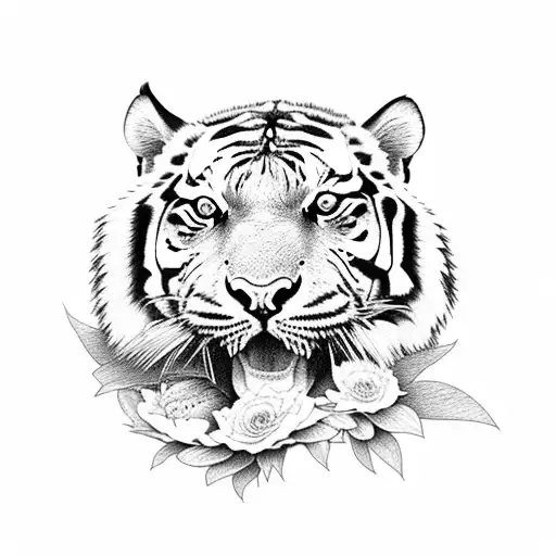Tiger Surrounded By Peony Flowers
