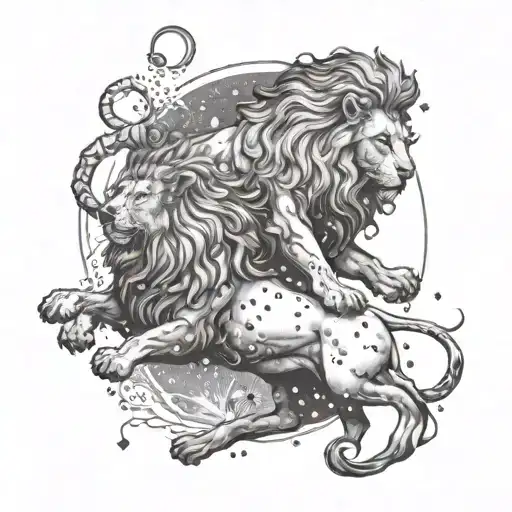 A Lion And Poseidon Battling In A Cosmic Scene