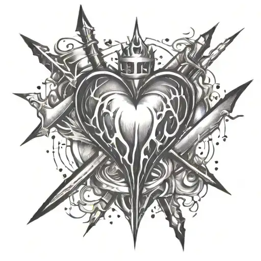 Heart With Thorns On Fire And Two Small Swords