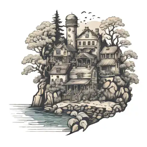 A Collection Of Old Buildings Nestled In A Nature Setting With A River Flowing Nearby