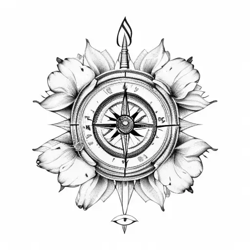 An Antique Compass With A Peony And Daffodil Bouquet Surrounding It