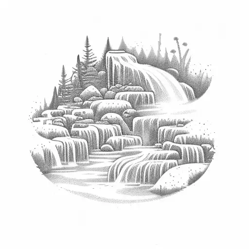 A Tranquil Riverside Scene With A Cascading Waterfall And Blooming Wildflowers