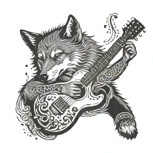 Design A Tattoo Of A Wolf Playing A Guitar With Intricate Dotwork Details