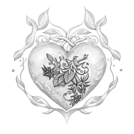 A Dotwork Tattoo Featuring A Heart-shaped Vine Entwined With Various Culinary Herbs And Spices