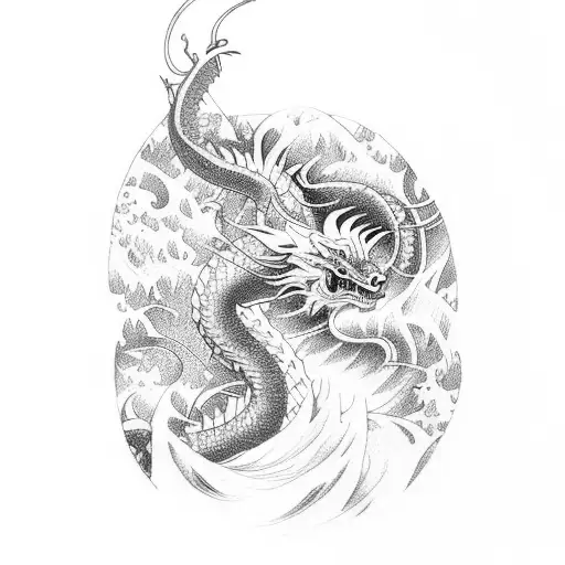 A Mystical Japanese-style Dragon Emerging From A Serene Waterfall In A Dense Forest