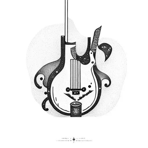 A Dotwork Tattoo Of A Guitar Merging Seamlessly With A Mountain Range And A Starry Sky