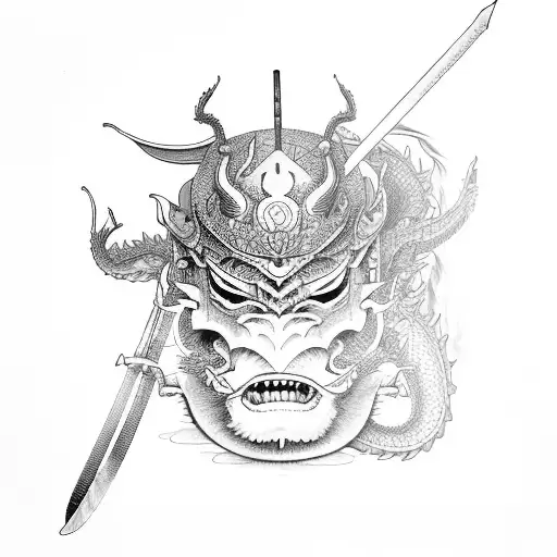 A Samurai Warrior With A Hannya Mask Riding A Dragon