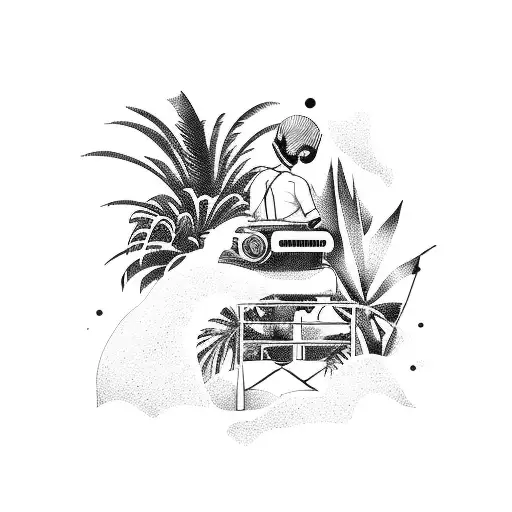 A Dj Mixing Music On A Tropical Island With Palm Trees In The Background