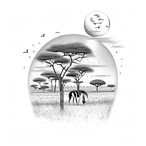 African Safari Sunset With Trees Birds And A Zebra