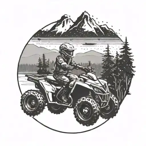 A Quad Bike Riding Through A Dense Forest With A Scenic Lake And Mountains In The Distance