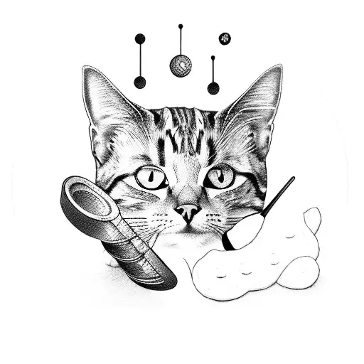 A Dotwork Tattoo Of A Cat Sitting On A Vinyl Record With Food Items Around