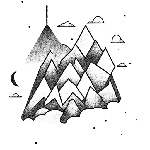 A Dotwork Tattoo Of A Mountain Range With A Spaceship Flying Above It