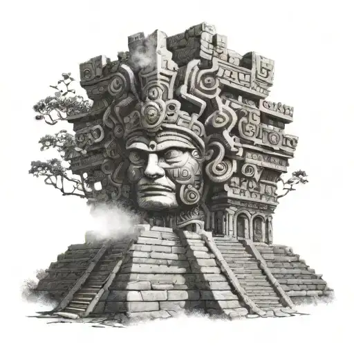 A Mayan Temple With Medusa's Head As The Centerpiece