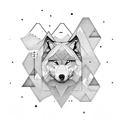 Geometric Mountain Range With A Wolf Silhouette