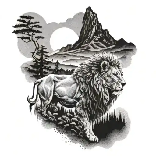 A Mountain Landscape With A Lion And Deer Peacefully Coexisting In The Foreground